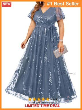 Plus Size Sequin Maxi Dress Formal Wedding Guest Flutter Sleeve Gown